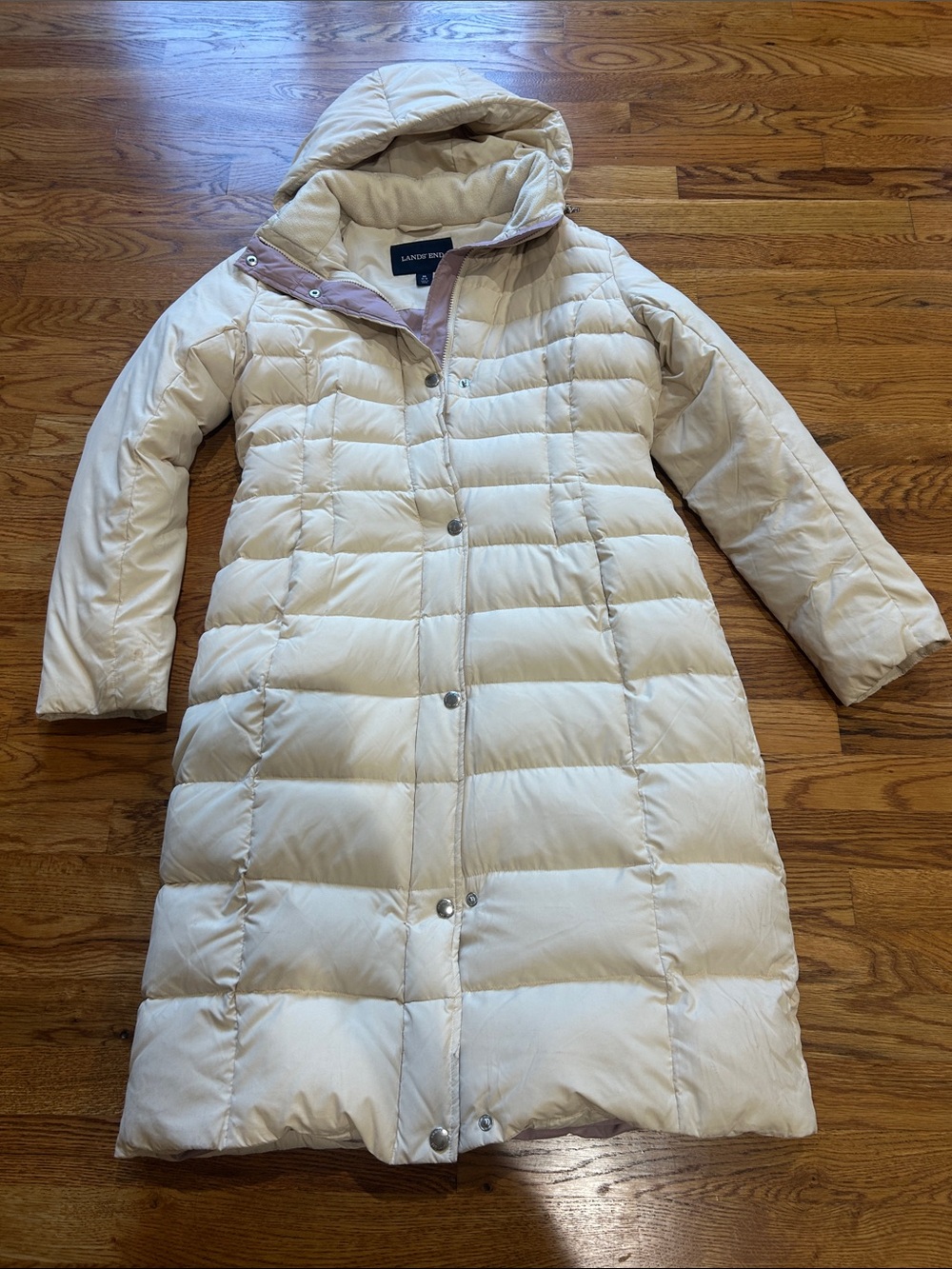 Lands' End Cream Hooded Long Puffer Coat